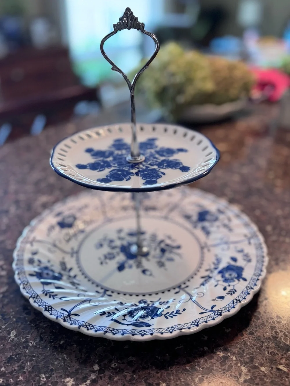 Vintage Blue and White Two-Tier Porcelain Serving Stand